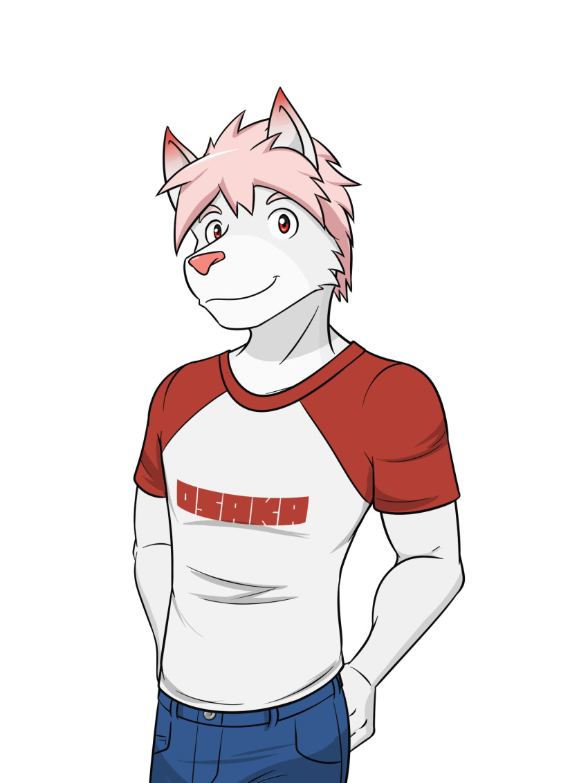 alternate_species anthro arctic_fox bottomwear canid canine clothed clothing denim denim_bottomwear denim_clothing fox fully_clothed furrification fuze half-length_portrait hi_res hiroyuki_(morenatsu) jeans male mammal morenatsu pants portrait shirt simple_background solo t-shirt topwear true_fox white_background