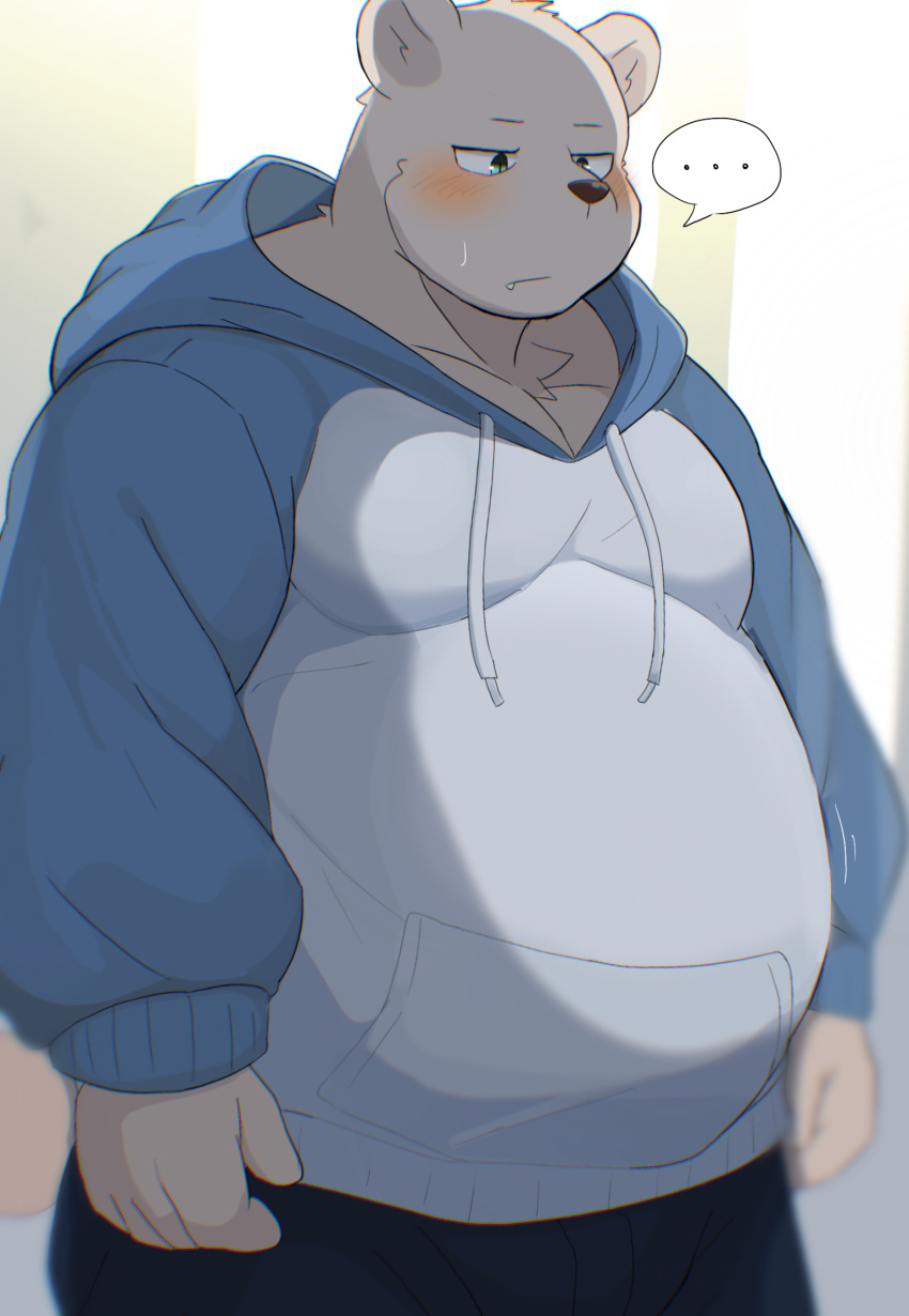 2024 ai_only_dream anthro bear belly big_belly black_nose blush bodily_fluids bottomwear clothing ellipsis hi_res hoodie humanoid_hands kemono male mammal overweight overweight_male pants polar_bear solo sweat topwear ursine white_body