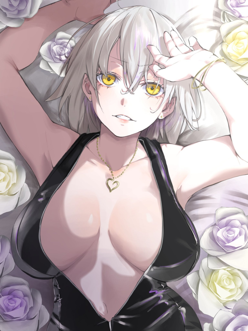 1girl alternate_costume armpits black_dress breasts center_opening cleavage commentary_request dress fate/grand_order fate_(series) flower grey_hair grin hair_between_eyes highres jeanne_d'arc_alter_(fate) jewelry large_breasts lips looking_at_viewer lying navel necklace pink_lips purple_flower purple_rose revealing_clothes ri_o_ne_su rose short_hair sleeveless sleeveless_dress smile solo yellow_eyes yellow_flower yellow_rose