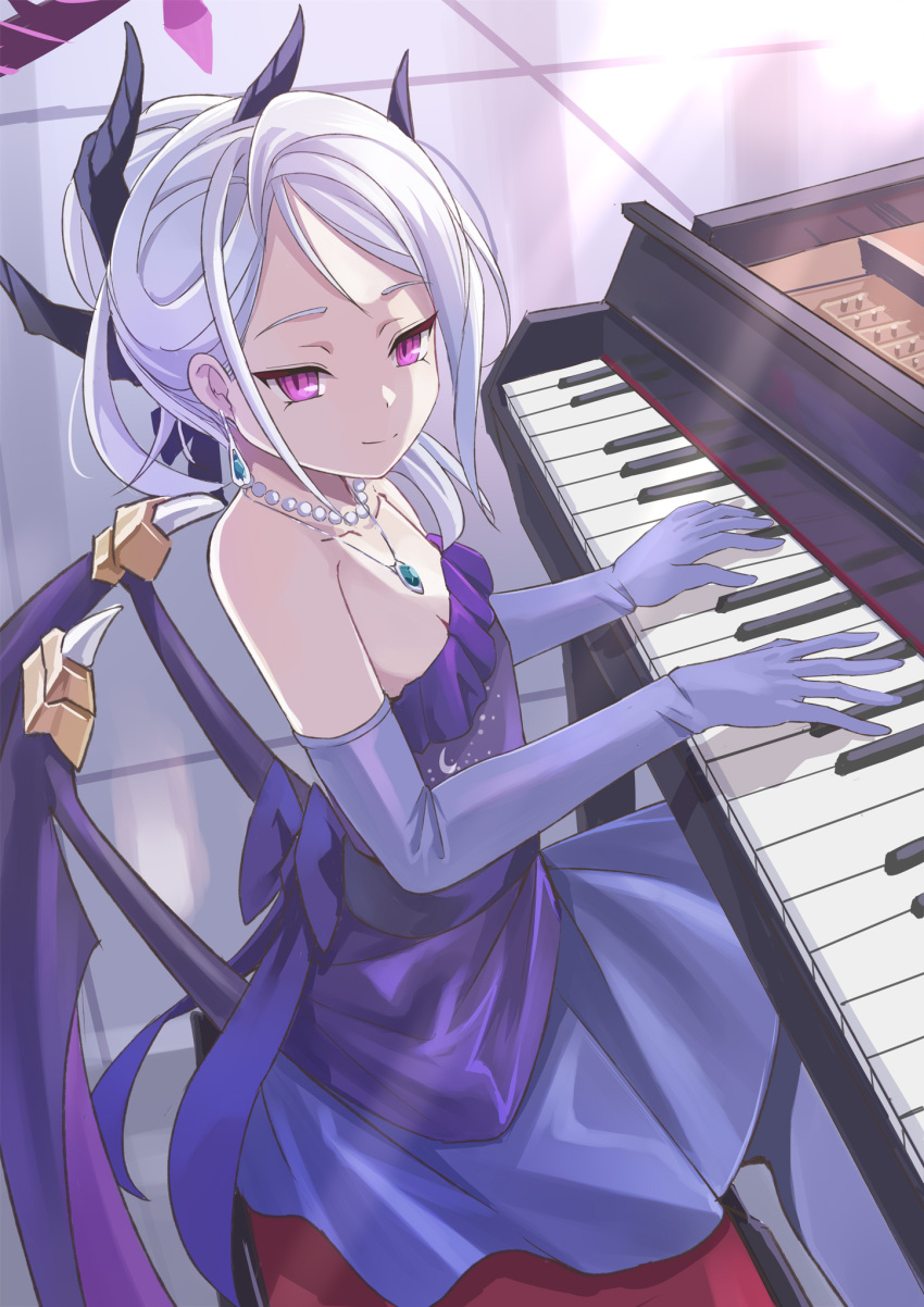 1girl bare_shoulders blue_archive bow collarbone commentary_request dangle_earrings demon_girl demon_horns demon_wings dress earrings elbow_gloves evening_gown gem gloves grand_piano hair_bow hair_ribbon halo highres hina_(blue_archive) hina_(dress)_(blue_archive) horns instrument jewelry long_hair looking_at_viewer music nikulas_cage parted_bangs pearl_(gemstone) pendant piano piano_bench piano_keys playing_instrument playing_piano ponytail purple_dress purple_eyes purple_gloves ribbon sidelocks smile solo strapless strapless_dress tile_floor tiles wavy_hair white_hair wings