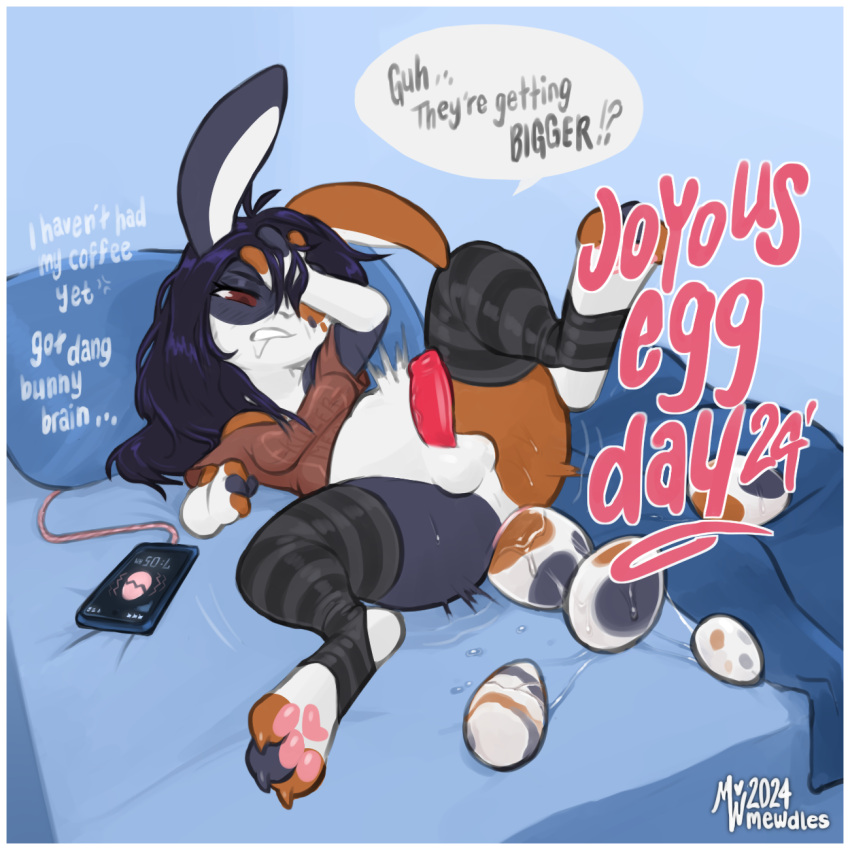 1:1 2024 anthro balls biped black_body black_fur border breasts calico_pattern cellphone chrissy_(mewdles) claws easter egg electronics english_text erection fur genitals gynomorph hi_res holidays intersex lagomorph leporid mammal mewdles oviposition pawpads paws penis perineum phone pink_pawpads rabbit smartphone solo speech_bubble text white_border