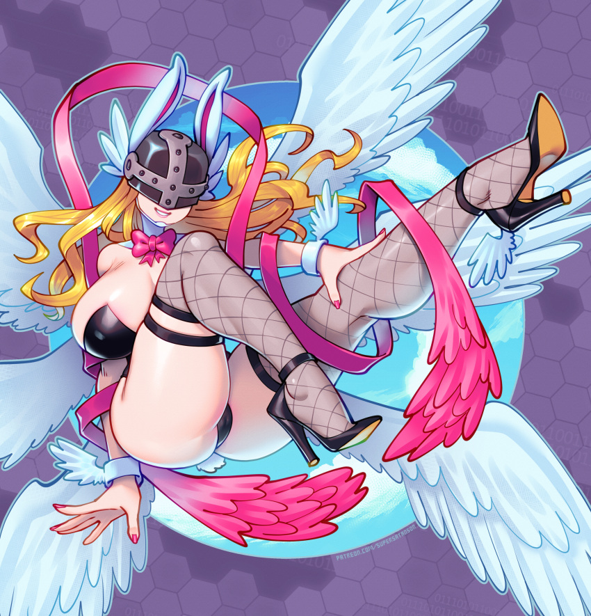 1girl absurdres angel angewomon animal_ears areola_slip ass black_footwear black_leotard blonde_hair bow bowtie breasts covered_eyes covered_nipples digimon digimon_(creature) feathered_wings fishnet_thighhighs fishnets flying full_body grin helmet helmet_over_eyes high_heels highres huge_breasts leotard long_hair multiple_wings pink_bow pink_bowtie pink_nails playboy_bunny rabbit_ears smile supersatanson thick_thighs thighhighs thighs winged_helmet wings wrist_wings