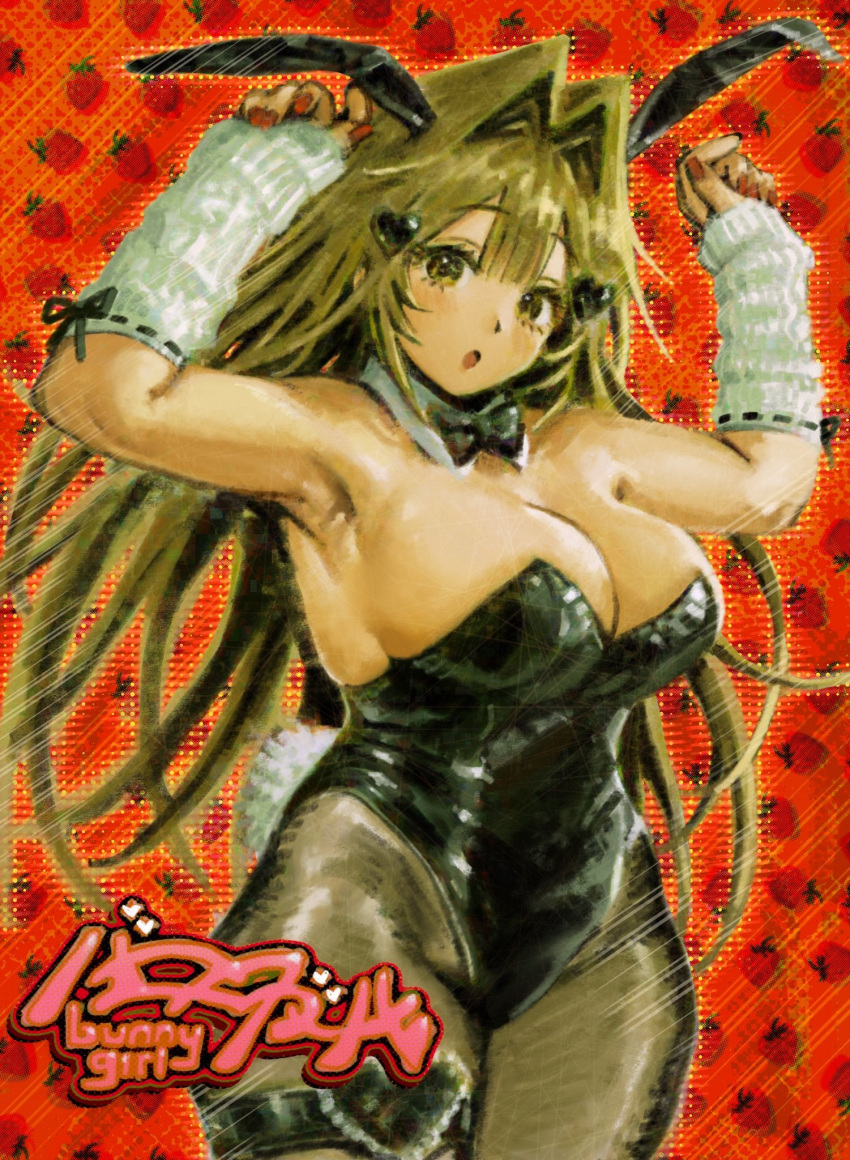 1girl arm_warmers armpits arms_up black_bow black_bowtie black_leotard black_pantyhose black_ribbon blonde_hair bow bowtie breasts cleavage cowboy_shot detached_collar english_text hair_ornament heart heart_hair_ornament highres hott0g111 large_breasts leotard long_hair nanaco_(hott0g111) open_mouth original pantyhose playboy_bunny red_background red_nails ribbon ribbon_trim sideboob solo strapless strapless_leotard strawberry_background third-party_source