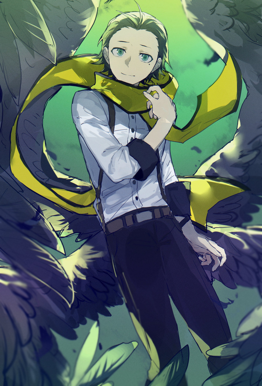 1boy absurdres belt black_hair black_pants black_wings blue_eyes feathered_wings feathers green_sky highres long_sleeves looking_at_viewer male_focus mochizuki_ryouji mole mole_under_eye multiple_wings outdoors pants persona persona_3 room_rem scarf shirt solo suspenders white_shirt wings yellow_scarf