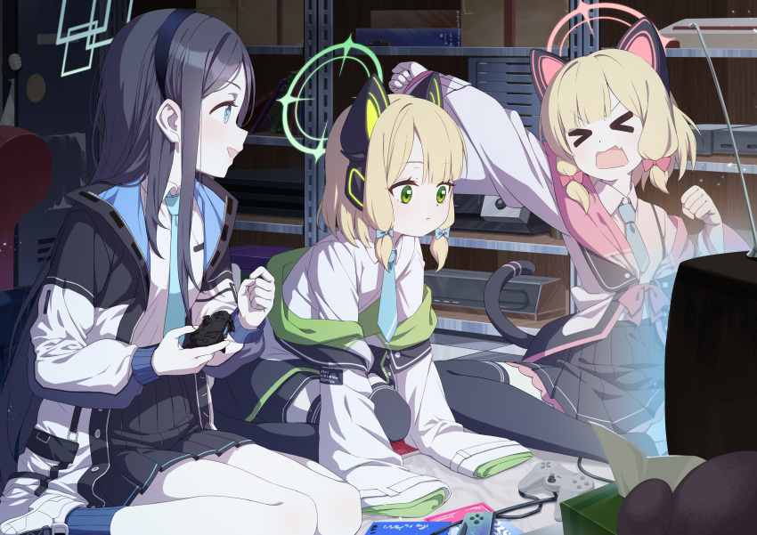 4girls absurdly_long_hair absurdres aris_(blue_archive) black_hair black_skirt black_thighhighs blonde_hair blue_archive blue_eyes blue_halo blue_necktie cat_tail closed_mouth collared_shirt controller fang game_controller game_development_department_(blue_archive) green_eyes green_halo halo highres holding holding_controller holding_game_controller indoors jacket long_hair long_sleeves midori_(blue_archive) momoi_(blue_archive) multiple_girls necktie open_mouth pink_halo pleated_skirt shirt shoes short_hair siblings sisters skin_fang skirt smile tail television thighhighs twins very_long_hair white_footwear white_jacket white_shirt yuzu_(blue_archive) zhanzheng_zi