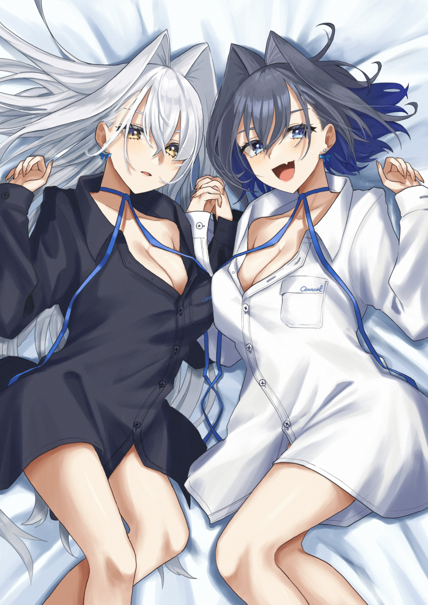 2girls absurdres blue_eyes blue_hair breasts cleavage english_commentary fang hair_between_eyes hair_intakes highres holding_hands hololive hololive_english large_breasts long_hair looking_at_viewer mizuhasi multiple_girls open_mouth ouro_kronii skin_fang tongue very_long_hair virtual_youtuber white_hair yellow_eyes