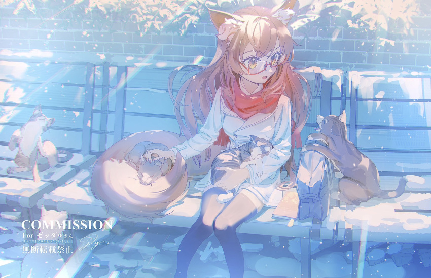 1girl animal_ear_fluff animal_ears bag bench brown_hair cat cat_ears cat_girl cat_tail coat commission glass highres jdge long_hair open_mouth original outdoors scarf sitting skeb_commission smile solo sunlight tail thighhighs yellow_eyes zettai_ryouiki