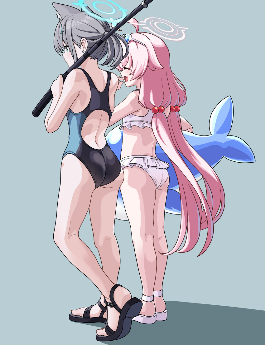 2girls absurdres animal_ear_fluff animal_ears ass bikini black_one-piece_swimsuit blue-tinted_eyewear blue_archive blue_jacket competition_swimsuit cross cross_hair_ornament extra_ears eyewear_on_head fishing_rod foreclosure_task_force_(blue_archive) frilled_bikini frills hair_bobbles hair_ornament halo highleg highleg_swimsuit highres hoshino_(blue_archive) hoshino_(swimsuit)_(blue_archive) inflatable_toy inflatable_whale inverted_cross jacket low_ponytail low_twintails multicolored_clothes multicolored_swimsuit multiple_girls official_alternate_costume one-piece_swimsuit pangtanto pink_halo shiroko_(blue_archive) shiroko_(swimsuit)_(blue_archive) sunglasses swimsuit tinted_eyewear twintails two-tone_swimsuit white-framed_eyewear white_bikini wolf_ears