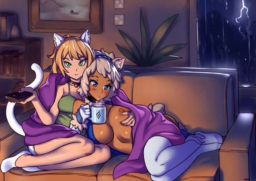 animal_ears bell bell_collar blanket blonde_hair blue_eyes blush bookshelf borrowed_character breast_grab breasts bunny_and_fox_world cat_ears cat_tail collar controller couch cup dark_skin elbow_gloves freckles gloves grabbing green_eyes hairband highres jingle_bell large_breasts lightning_bolt mug multiple_girls nipples original panties portrait_(object) rain remote_control sapphicneko_(sapphicneko) shephira_(cert) short_hair smile socks tail thighhighs typo_(requiemdusk) underwear white_gloves white_legwear white_panties window yuri