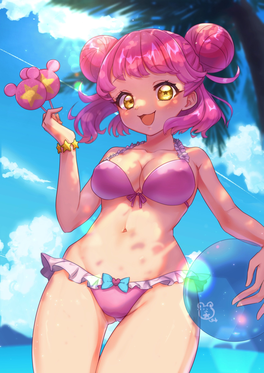 1girl :d ball beachball bikini blue_sky bracelet breasts candy cleavage cloud commentary_request cowboy_shot day double_bun food frilled_bikini frills hair_bun highres holding holding_ball holding_beachball holding_candy holding_food holding_lollipop jewelry kiracchu_(pri_chan) kiratto_pri_chan lollipop looking_at_viewer medium_breasts moukinui navel open_mouth outdoors palm_tree pink_bikini pink_hair pretty_series short_hair sky smile solo standing star-shaped_pupils star_(symbol) swimsuit symbol-shaped_pupils tree water yellow_eyes