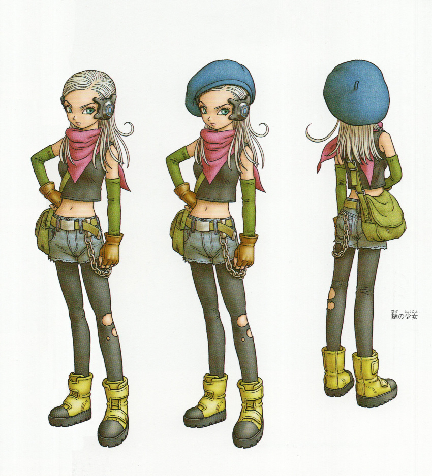 1girl absurdres ankle_boots arm_at_side bag bare_shoulders belt belt_chain beret black_pantyhose black_tank_top blue_eyes blue_hat boots breasts brown_gloves chain character_request clenched_hands closed_mouth commentary denim denim_shorts detached_sleeves dragon_quest dragon_quest_monsters dragon_quest_monsters_joker_3 facing_away facing_viewer fingerless_gloves from_behind full_body gloves green_bag green_belt green_sleeves hair_over_shoulder hand_on_own_hip hat headset highres long_hair midriff navel neckerchief official_art pantyhose parted_bangs pink_lips pink_neckerchief platform_boots platform_footwear raised_eyebrow reference_sheet serious shorts shoulder_bag sideways_glance simple_background small_breasts solo straight_hair tank_top toriyama_akira torn_clothes torn_pantyhose tsurime velcro_footwear white_background white_hair yellow_footwear
