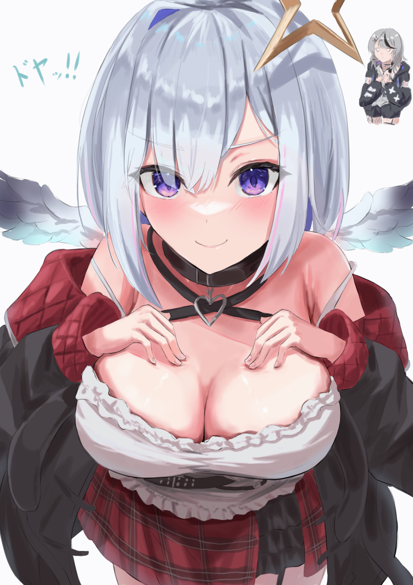 2girls absurdres alternate_breast_size amane_kanata angel angel_wings belt_collar black_coat black_collar breasts camisole cleavage coat collar cosplay grey_hair hair_intakes halo hand_on_own_chest highres hololive large_breasts multiple_girls purple_eyes red_coat sakamata_chloe sakamata_chloe_(1st_costume) sakamata_chloe_(cosplay) star_halo two-sided_coat two-sided_fabric user_juhv8242 virtual_youtuber white_camisole wings