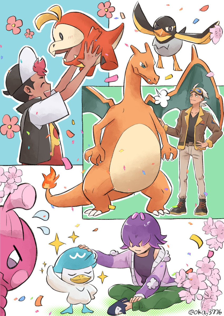 1girl 2boys :d boots brown_jacket charizard closed_eyes closed_mouth confetti dot_(pokemon) flower friede_(pokemon) fuecoco goggles green_pants hair_over_eyes hat headpat highres holding holding_pokemon jacket multiple_boys oka_3776 open_clothes open_mouth open_vest pants pink_flower pokemon pokemon_(anime) pokemon_(creature) pokemon_horizons purple_hair quaxly roy_(pokemon) shirt short_sleeves sitting sleeveless sleeveless_shirt slippers smile sparkle standing tank_top tinkatink vest wattrel white_hair