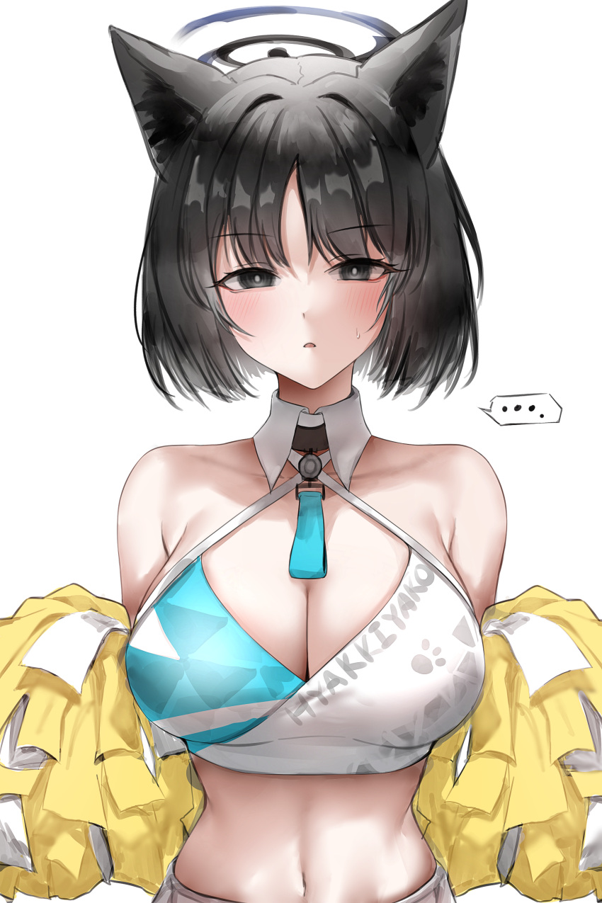 ... 1girl absurdres animal_ear_fluff animal_ears at_congju black_eyes black_hair blue_archive blue_halo blush breasts cat_ears cat_tail cheerleader cleavage detached_collar halo halterneck highres holding holding_pom_poms kikyou_(blue_archive) large_breasts looking_at_viewer multiple_tails navel open_mouth pom_pom_(cheerleading) short_hair simple_background solo spoken_ellipsis tail two_tails white_background