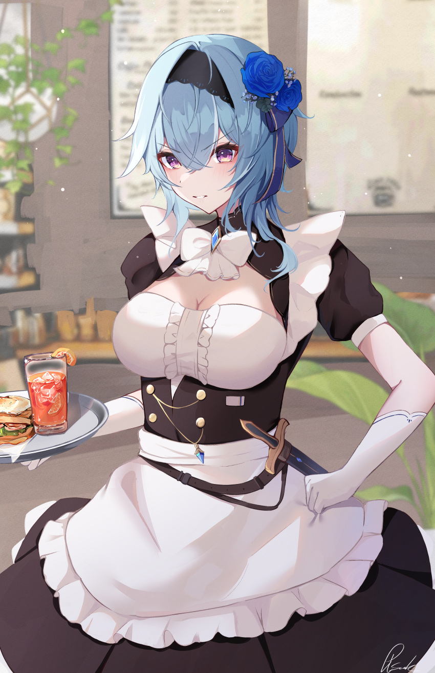 1girl absurdres alternate_costume apron black_dress black_hairband blue_hair bow bowtie breasts cafe cleavage dress enmaided eula_(genshin_impact) food framed_breasts genshin_impact glass gloves hair_between_eyes hairband highres holding holding_plate indoors large_breasts light_particles looking_at_viewer maid medium_hair parted_lips pisuke_(user_kcmh2774) plant plate potted_plant puffy_short_sleeves puffy_sleeves purple_eyes sandwich short_sleeves sidelocks signature solo sword unconventional_maid upper_body waist_apron waitress weapon white_bow white_bowtie white_gloves