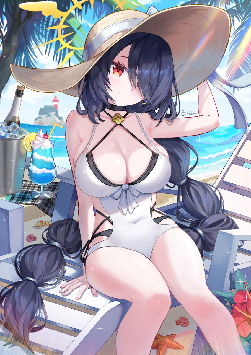 1girl absurdres beach black_choker black_hair blue_archive bottle breasts cafeiner chair choker cleavage covered_navel cross cross_earrings earrings food hair_over_one_eye hat highres hinata_(blue_archive) hinata_(swimsuit)_(blue_archive) ice_bucket ice_cream ice_cream_float jewelry large_breasts long_hair lounge_chair ocean one-piece_swimsuit red_eyes seashell shell signature sitting smile sun_hat swimsuit white_one-piece_swimsuit