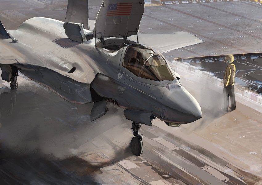 1boy absurdres airbrake aircraft airplane american_flag commission f-35_lightning_ii fighter_jet helmet highres jet military_vehicle mirroraptor original pixiv_commission united_states_navy vehicle_focus vtol