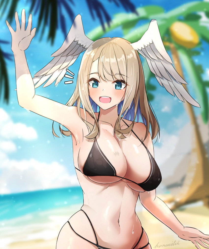 1girl beach bikini blue_eyes blue_pupils blush breast_tattoo breasts eunie_(xenoblade) head_wings highres kanuici336 long_hair solo swimsuit tattoo wings xenoblade_chronicles_(series) xenoblade_chronicles_3