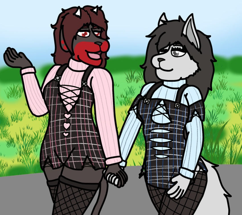 anthro canid canid_demon canine canis clothing dank-artistic-fox demon dress duo female hellhound hi_res mammal morgan_moonshine mythological_canine mythological_creature mythology sweater topwear turtleneck wolf