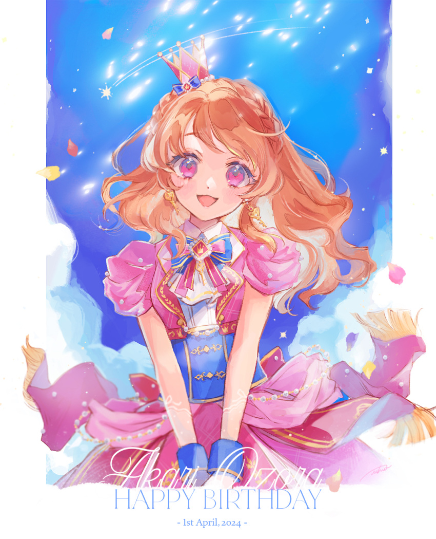 1girl aikatsu! aikatsu!_(series) bow braid character_name crown dated dot_nose dress dress_bow earrings gloves happy happy_birthday highres idol jewelry long_hair looking_at_viewer open_mouth orange_hair own_hands_together ozora_akari pink_dress pink_eyes short_sleeves sistpen sky smile solo standing star_(sky) starry_sky white_background