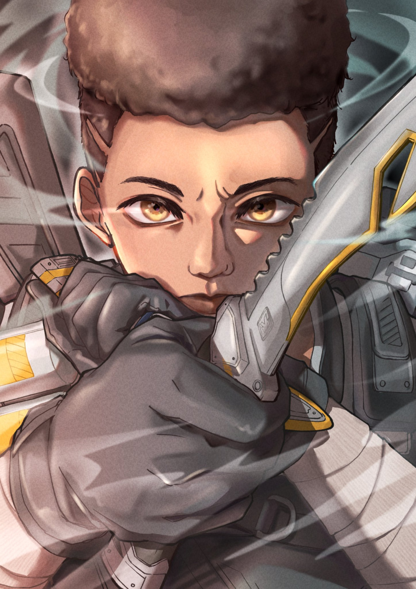 1girl animification apex_legends bangalore_(apex_legends) black_gloves brown_eyes brown_hair bulletproof_vest cold_steel_(apex_legends) dark-skinned_female dark_skin dual_wielding flattop gloves highres holding holding_knife knife kukri looking_at_viewer mochinoco portrait solo straight-on wind