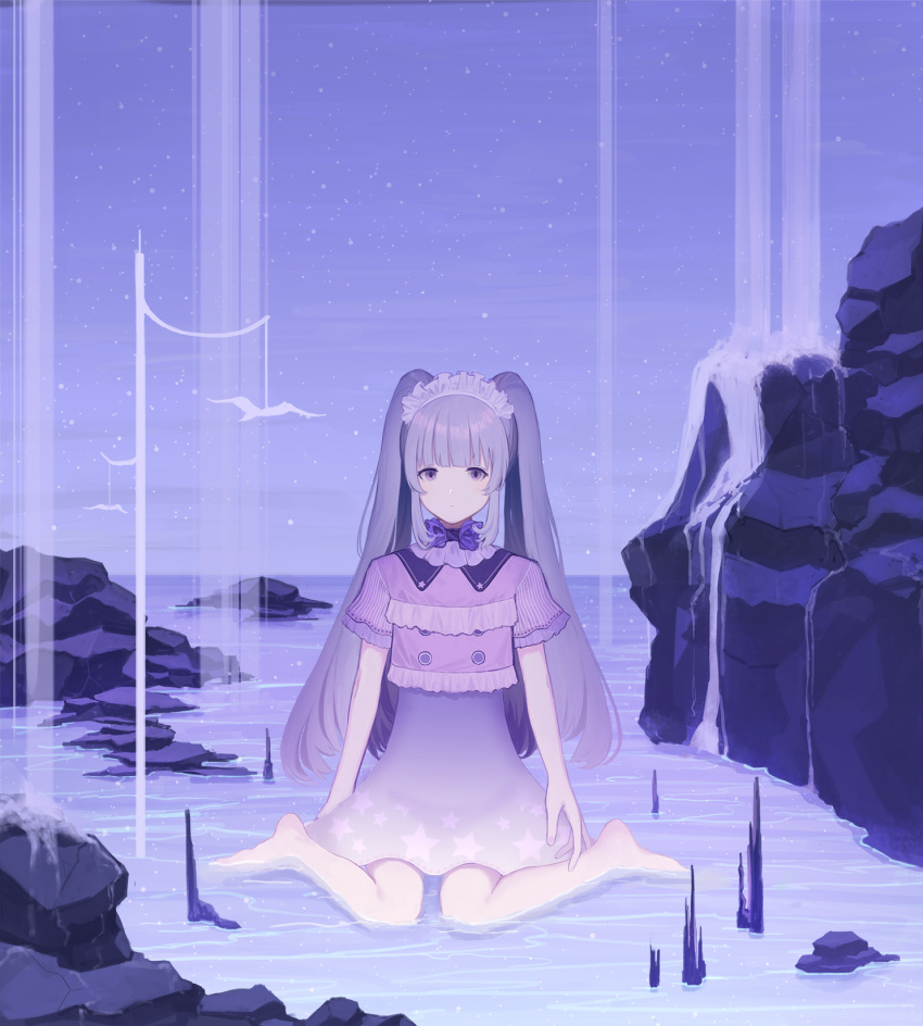 1girl barefoot bird blunt_bangs bow closed_mouth conari dress expressionless frills giant giantess grey_hair highres idolmaster idolmaster_shiny_colors long_hair looking_at_viewer outdoors purple_bow purple_dress purple_eyes purple_skirt purple_theme rock short_sleeves sitting skirt sky solo star_(sky) star_(symbol) twintails very_long_hair wariza water yukoku_kiriko