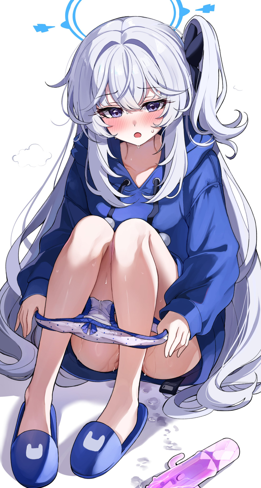 1girl absurdres after_masturbation blue_archive blue_footwear blue_hair blue_hoodie blush commentary_request dildo full_body highres hood hood_down hoodie implied_after_masturbation knees_up light_blue_hair long_hair long_sleeves looking_at_viewer miyako_(blue_archive) miyako_(young)_(blue_archive) nose_blush one_side_up open_mouth panties panties_around_ankles panty_pull puffy_long_sleeves puffy_sleeves purple_eyes sak_(lemondisk) sex_toy sexually_suggestive sitting slippers solo suggestive_fluid sweat underwear unworn_panties very_long_hair white_panties