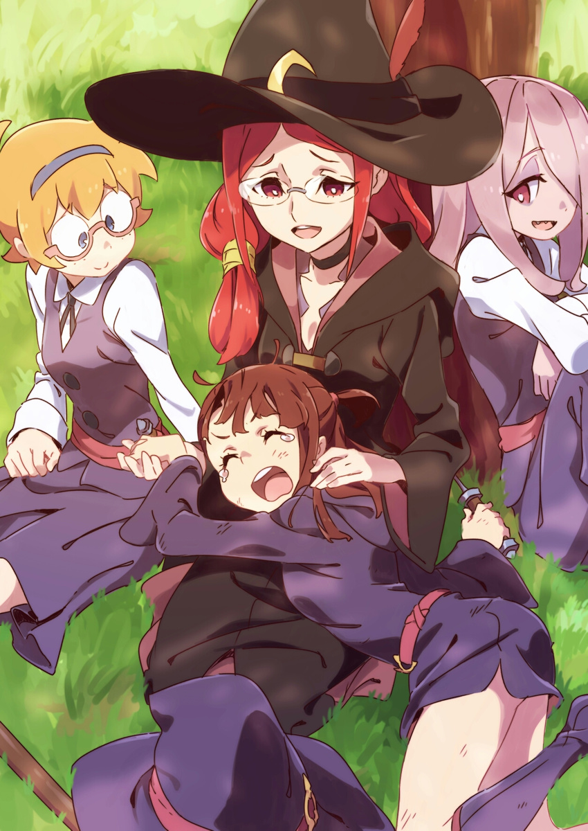 :d black_choker blonde_hair blue_eyes blue_legwear blue_skirt blue_vest bright_pupils brown_hair choker collared_shirt commentary_request glasses grass hair_over_one_eye hat highres hood hood_down hug kagari_atsuko laughing little_witch_academia long_hair long_sleeves lotte_jansson lying multiple_girls open_mouth outdoors pink_hair red_eyes red_hair robe sanpaku sash seiza semi-rimless_eyewear sharp_teeth shiny_chariot shirt short_hair side_ponytail sitting skirt smile socks spoilers sucy_manbavaran tama_(tama-s) tears teeth tree under-rim_eyewear under_tree ursula_charistes vest white_shirt witch witch_hat