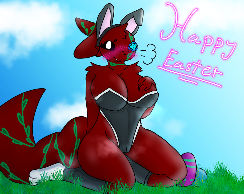 absurd_res anthro big_breasts blush blush_lines breasts breath bunny_costume clothed clothing costume cute_fangs digital_media_(artwork) easter easter_egg egg english_text fake_ears fake_rabbit_ears female flower footwear fur genitals happy hi_res holidays looking_at_viewer maroon_fur musk musk_clouds plant pussy rain_world rose_(flower) sarasul_(smolreapy) simple_background sitting sitting_on_ground skimpy slugcat_(rain_world) smile smolreapy socks solo spread_pussy spreading tail text thick_thighs topwear videocult vines