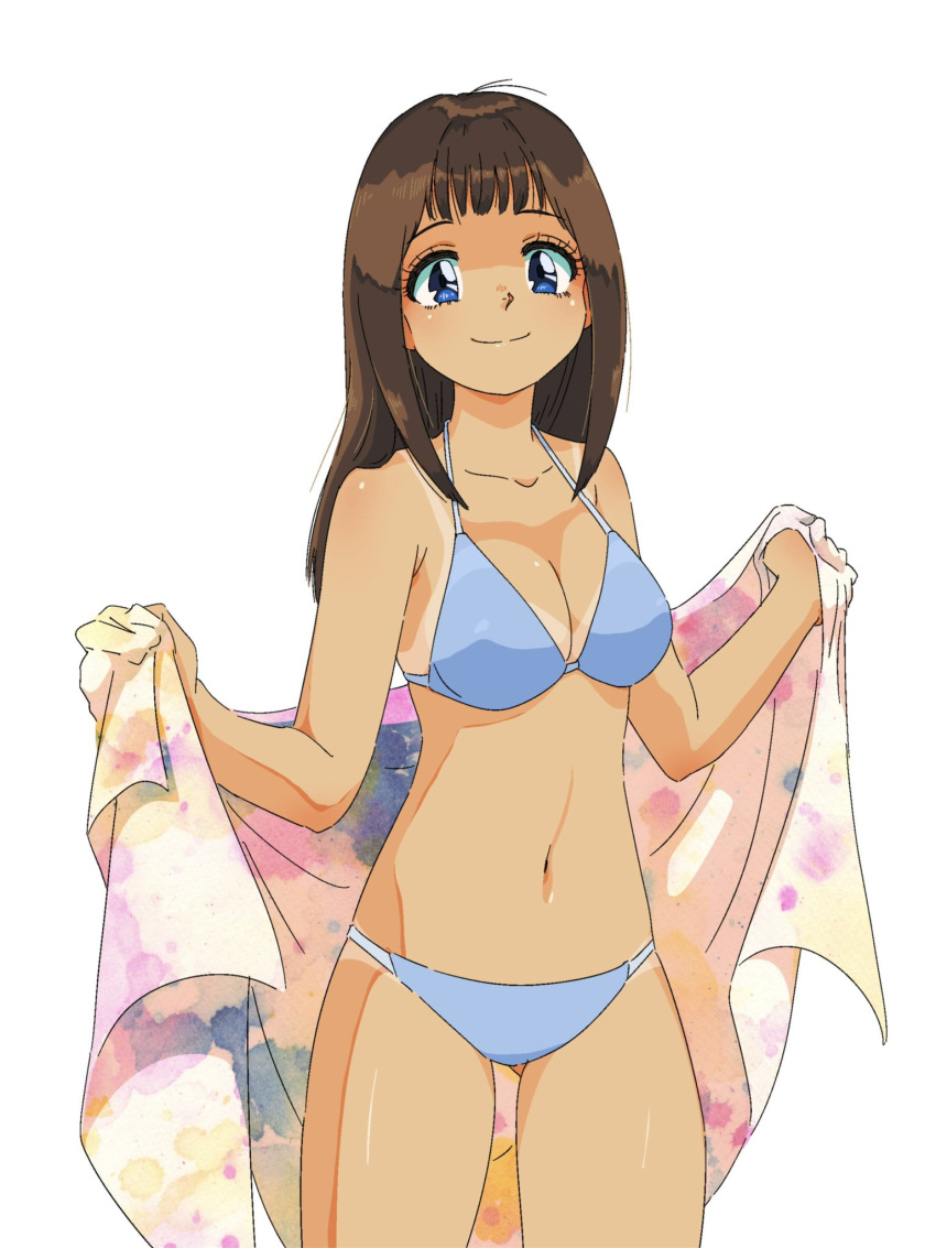 1girl bikini blue_bikini blue_eyes breasts brown_hair commentary_request highres holding holding_towel long_hair looking_at_viewer medium_breasts navel original samoto_mitsukuni simple_background smile solo swimsuit tan tanlines towel white_background