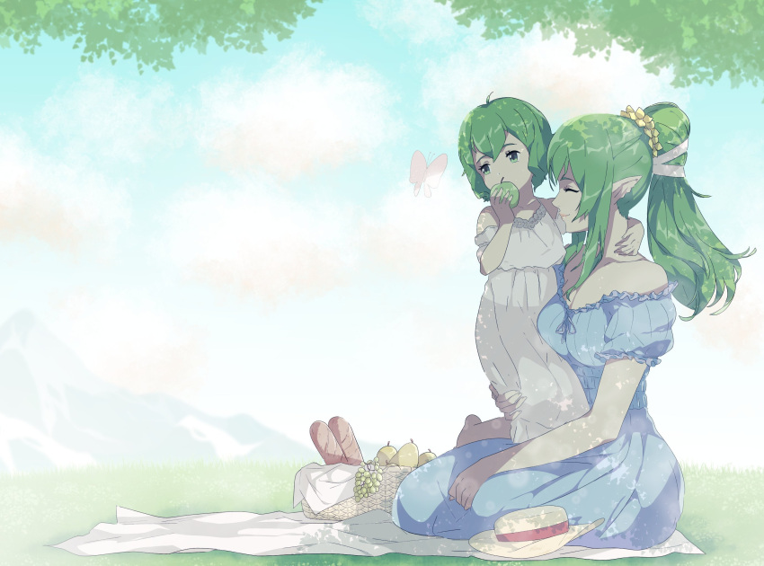 2girls apple bare_shoulders bread bug butterfly closed_eyes commentary dress eating english_commentary fire_emblem fire_emblem_awakening food fruit grapes green_apple green_eyes green_hair hat highres morgan_(female)_(fire_emblem) morgan_(fire_emblem) mother_and_daughter multiple_girls outdoors pear picnic pointy_ears r3dfive revision sitting sitting_on_person sky smile tiki_(adult)_(fire_emblem) tiki_(fire_emblem) tree unworn_hat unworn_headwear