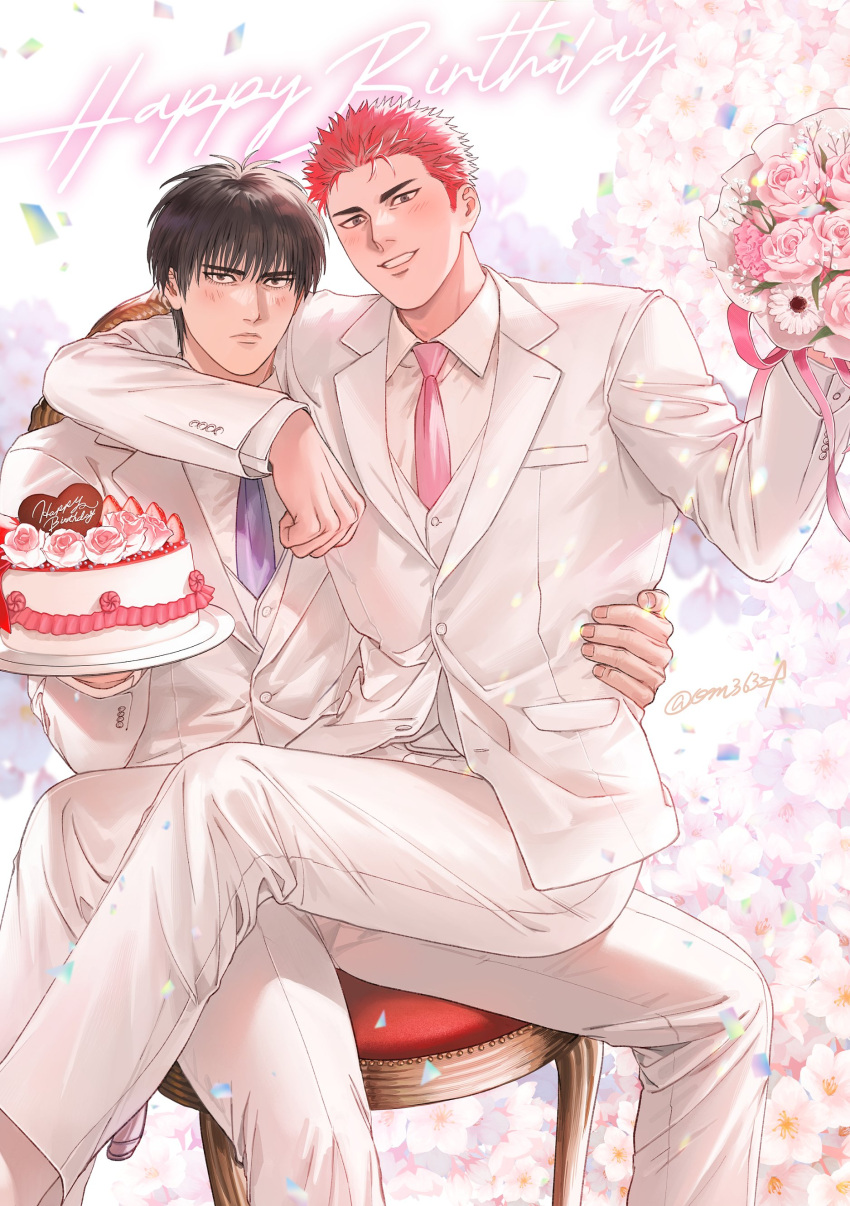 2boys absurdres birthday_cake black_hair blush bouquet cake closed_mouth collared_shirt english_text flower food happy_birthday highres holding holding_bouquet holding_plate jacket looking_at_viewer male_focus multiple_boys necktie om3632f pants plate red_hair rukawa_kaede sakuragi_hanamichi shirt short_hair sitting slam_dunk_(series) smile teeth white_jacket white_pants white_shirt yaoi