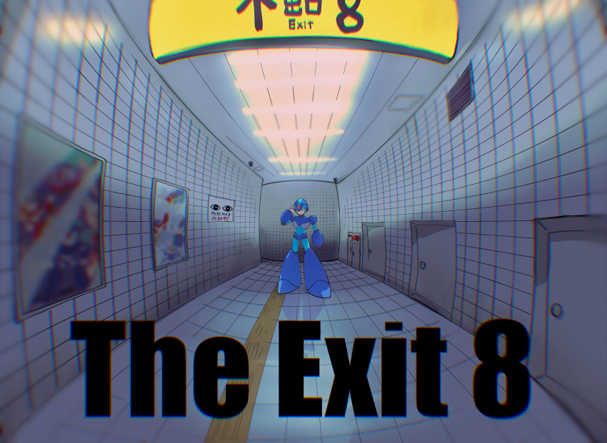 1boy absurdres armor blue_armor blue_helmet ceiling copyright_name crossover door forehead_jewel hallway highres indoors male_focus mega_man_(series) mega_man_x_(series) poster_(object) solo tanewiii the_exit_8 tile_ceiling tile_floor tile_wall tiles x_(mega_man)