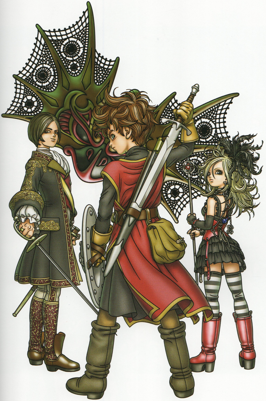 1girl 2boys absurdres ascot bare_shoulders belt black_coat black_dress black_eyes black_feathers black_hair black_thighhighs black_tunic blonde_hair boots bracelet brown_belt brown_eyes brown_footwear buttons choker coat commentary corset cross dean_(dq_swords) detached_sleeves dragon_quest dragon_quest_swords dress earrings eyelashes eyeshadow fanny_pack feather_hair_ornament feathers fingernails frilled_straps frills from_behind full_body gold_trim grey_eyes grey_eyeshadow hair_ornament hero_(dq_swords) highres holding holding_shield holding_staff holding_sword holding_weapon jewelry jitome knee_boots latin_cross layered_dress long_sleeves looking_back makeup messy_hair multiple_boys official_art pants parted_bangs platform_boots platform_footwear pleated_dress profile red_corset red_footwear red_tunic red_vest sash scabbard serious setia sheath sheathed shield shoulder_sash simple_background single_detached_sleeve smirk spaghetti_strap spiked_bracelet spiked_choker spikes staff standing straight_hair striped_clothes striped_thighhighs sword thighhighs toriyama_akira tunic two-tone_thighhighs vest victorian wavy_hair weapon white_ascot white_background white_pants white_thighhighs zettai_ryouiki