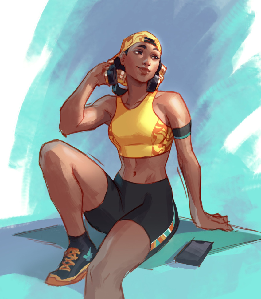 1girl adjusting_headphones ankle_socks backwards_hat baseball_cap bike_shorts black_footwear black_hair black_shorts black_socks brown_eyes closed_mouth dark-skinned_female dark_skin hand_on_ground hand_up hat headphones headphones_around_neck highres jeremy_anninos knee_up lips looking_to_the_side midriff navel raze_(valorant) shoes shorts sitting smile sneakers socks solo sports_bra thighs valorant yellow_sports_bra