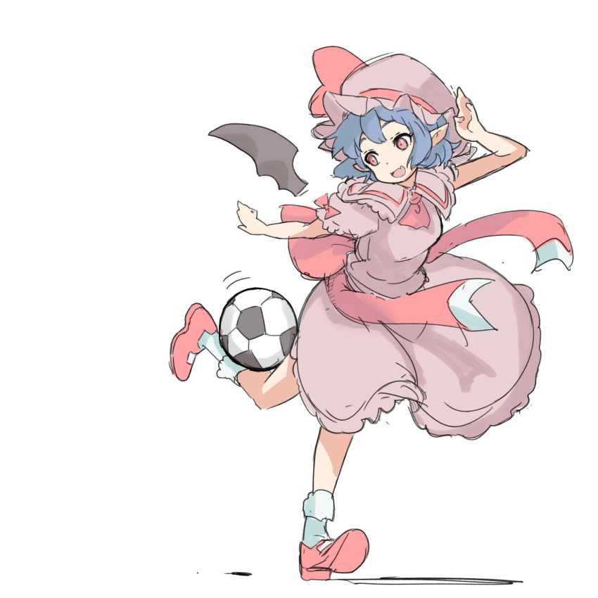 1girl :d ascot ball bat_wings bifidus_(exkagerou8665) black_wings blue_hair bow hat hat_ribbon highres one-hour_drawing_challenge pink_shirt pink_skirt pointy_ears red_ascot red_bow red_eyes red_footwear red_ribbon remilia_scarlet ribbon shirt simple_background skirt smile soccer_ball solo touhou waist_bow white_background wings