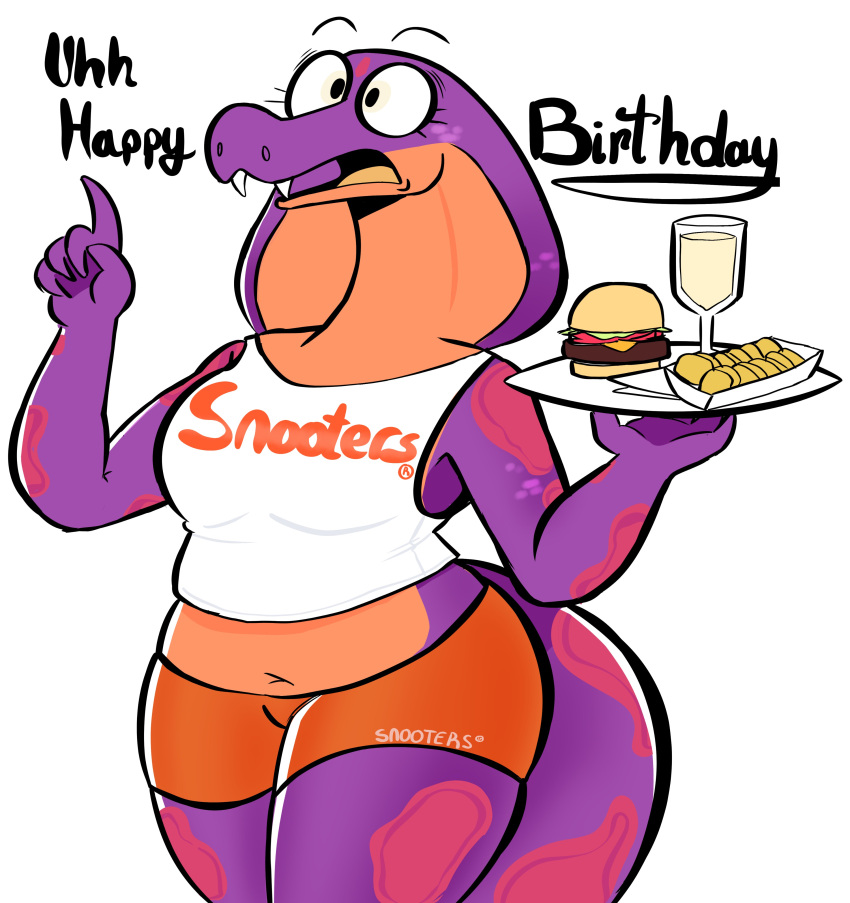 2020 5_fingers absurd_res anthro arm_markings birthday bottomwear breasts burger clothing cobra digital_drawing_(artwork) digital_media_(artwork) eyebrows eyelashes fangs female fingers food happy_birthday hi_res holding_food holding_object holding_plate hooters hooters_uniform hotpants keeshee leg_markings markings non-mammal_breasts open_mouth orange_bottomwear orange_clothing orange_hotpants orange_shorts portrait purple_body purple_scales purple_skin qwerty_soda raised_eyebrows raised_finger reptile scales scalie shorts simple_background snake solo spots spotted_markings tail tail_markings tan_body tan_skin teeth thigh_markings three-quarter_portrait topwear white_background white_clothing white_topwear wide_eyed