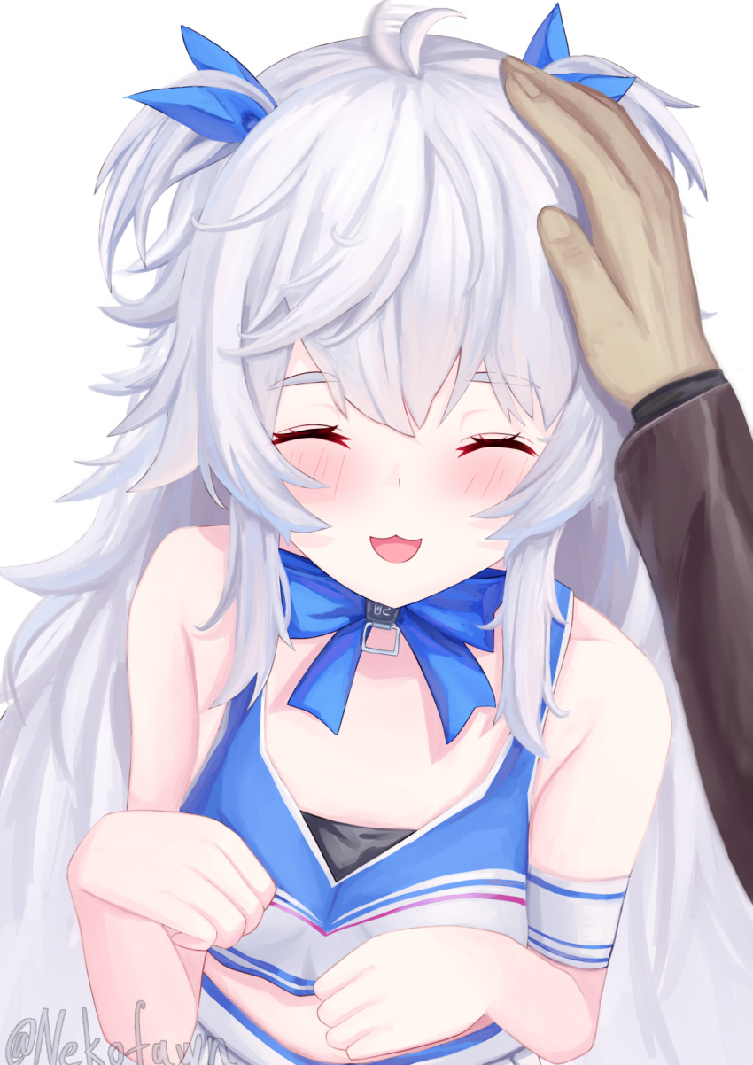 1boy 1girl :3 ahoge blush closed_eyes commander_(nikke) crop_top flat_chest goddess_of_victory:_nikke headpat highres long_hair neko_fawn official_alternate_costume open_mouth poli_(cheer_up_police)_(nikke) poli_(nikke) short_twintails simple_background skirt smile twintails upper_body white_background white_hair