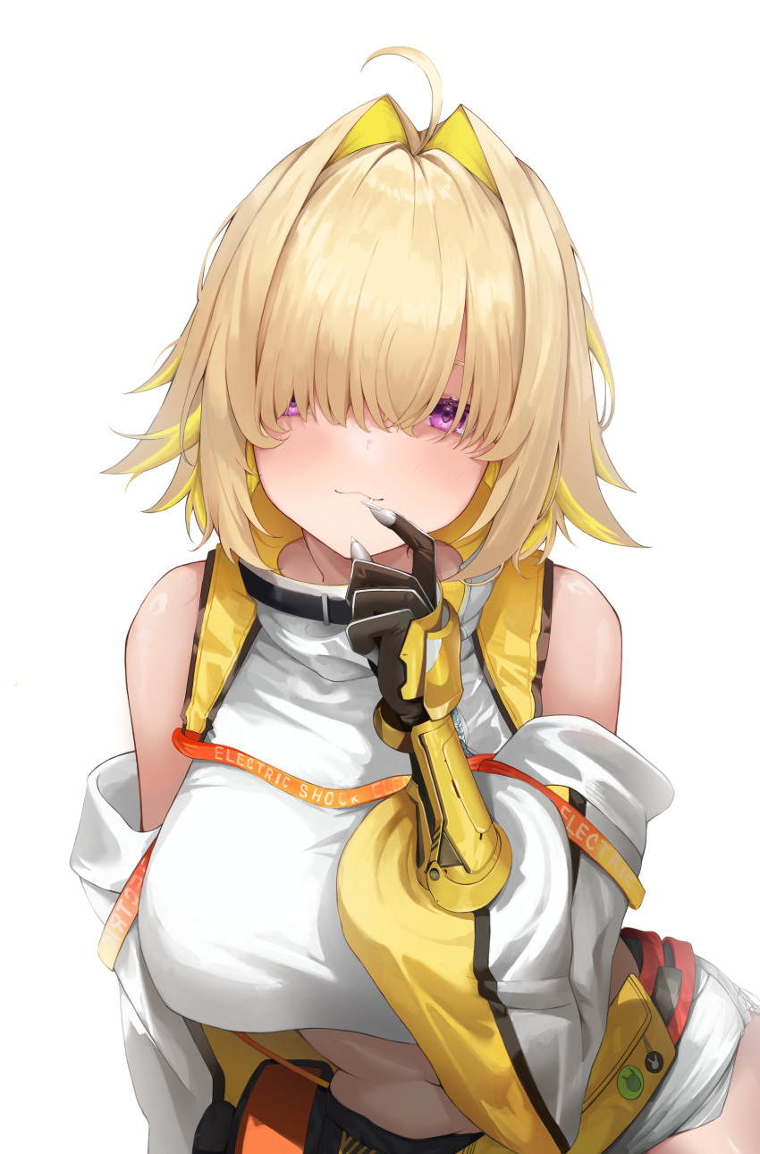 1girl absurdres blonde_hair clothing_cutout crop_top crop_top_overhang cropped_sweater elegg_(nikke) exposed_pocket gloves goddess_of_victory:_nikke grey_shorts hair_intakes hair_over_eyes highres hikimori_1 long_bangs micro_shorts multicolored_clothes multicolored_gloves plump purple_eyes shorts shoulder_cutout simple_background solo suspender_shorts suspenders upper_body white_background yellow_gloves