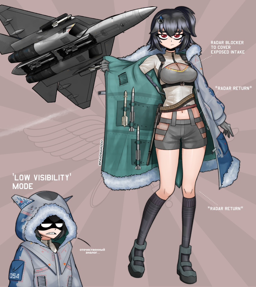 1girl absurdres aircraft airplane black_hair black_socks boots breasts closed_mouth coat english_text fighter_jet full_body fur-trimmed_coat fur_trim hair_ornament highres jet looking_at_viewer medium_hair military military_vehicle missile multiple_views navel open_clothes open_coat open_mouth original pandramodo red_eyes socks standing su-57 teeth twitter_username upper_body