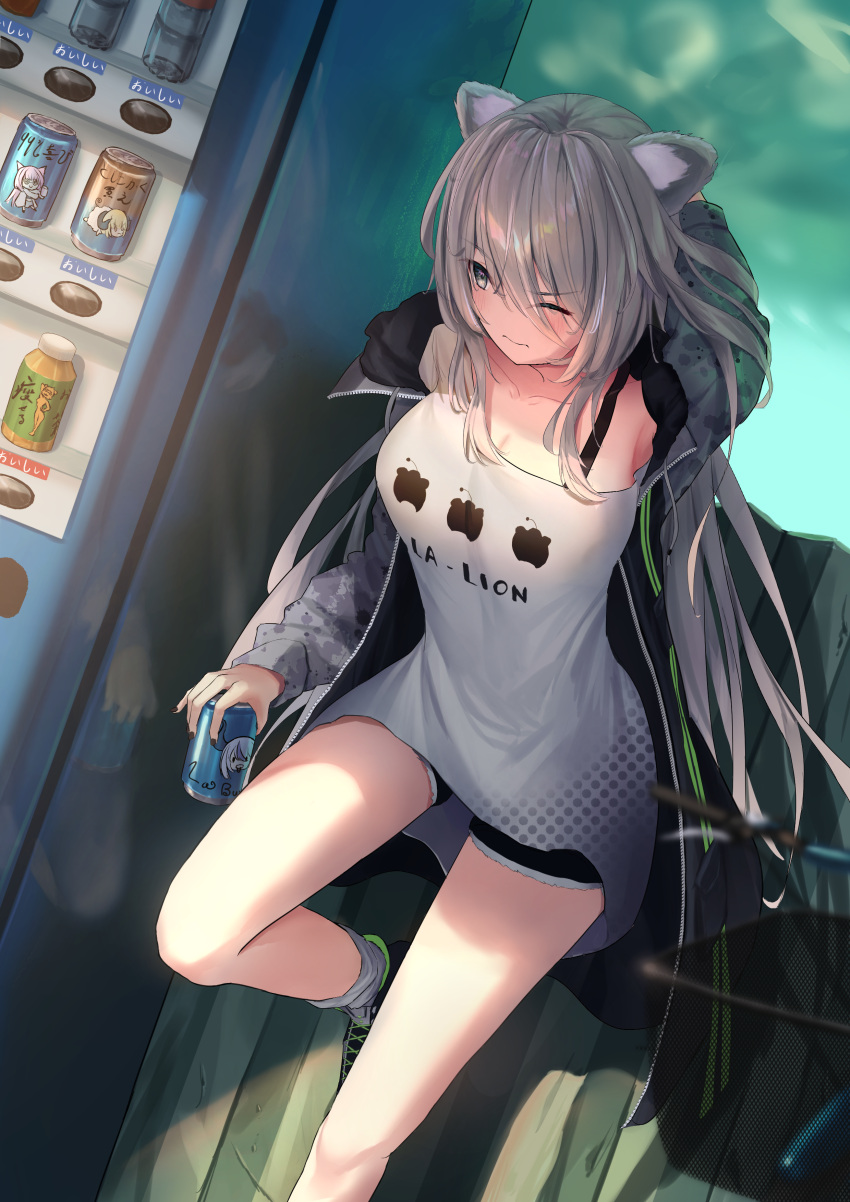 1girl absurdres animal_ears arm_behind_head black_nails black_shorts bra_strap breasts can commentary full_body grey_eyes grey_hair grey_socks hair_between_eyes high_tops highres holding holding_can hololive hood hooded_jacket jacket large_breasts lion_ears lion_girl long_hair long_hair_between_eyes loose_clothes loose_shirt no_panties official_alternate_costume outdoors raglan_sleeves scratching_head shirt shishiro_botan shishiro_botan_(casual) shoes shorts single_bare_shoulder sneakers socks solar_torch solo stretching t-shirt vending_machine virtual_youtuber white_shirt