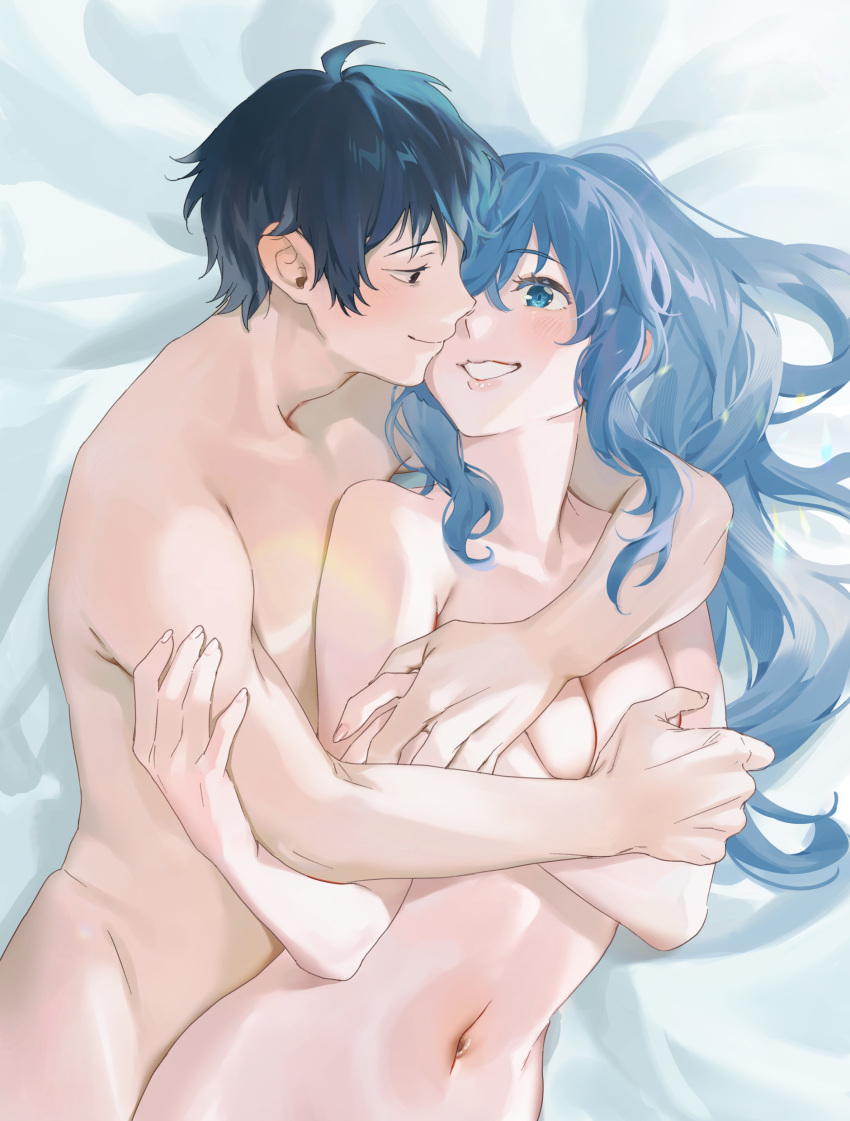 1boy 1girl :d absurdres bed_sheet black_eyes black_hair blue_eyes blue_hair blush breasts cleavage closed_mouth collarbone commission completely_nude couple eye_contact from_above grin highres hug hug_from_behind jaku-chara_tomozaki-kun long_hair looking_at_another lying medium_breasts nanami_minami navel nude on_back on_bed parted_lips pixiv_commission short_hair smile sunao_(souis) tomozaki_fumiya upper_body