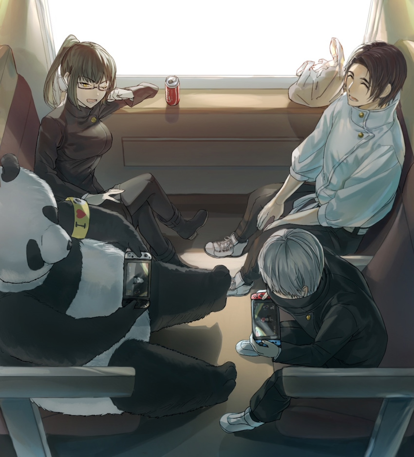 1girl 1other 2boys black_hair can drink_can forehead green_hair handheld_game_console highres holding holding_handheld_game_console inumaki_toge jujutsu_kaisen multiple_boys nintendo_switch okkotsu_yuuta panda panda_(jujutsu_kaisen) soda soda_can train_interior user_nzfe2845 white_hair yellow_eyes zen'in_maki