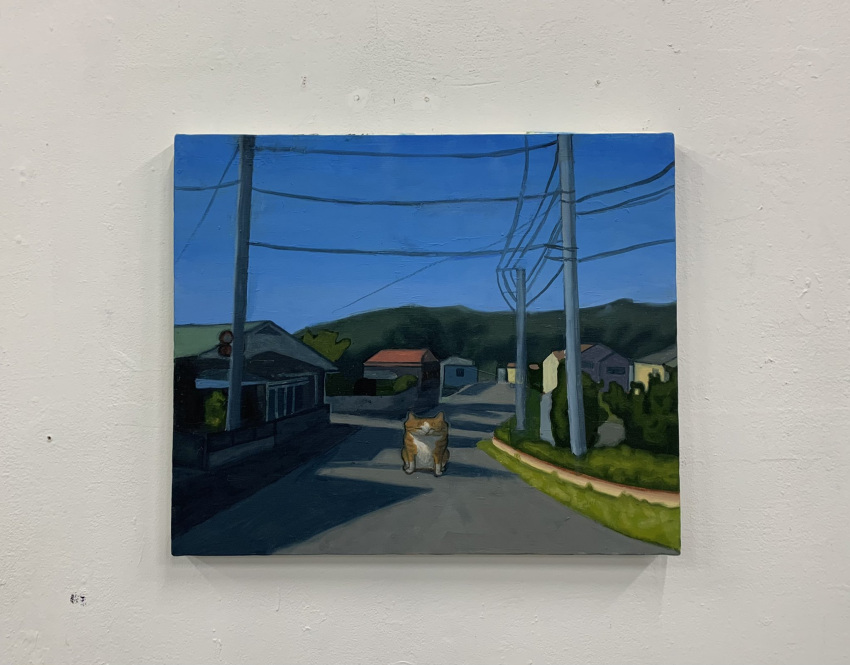 animal animal_focus blue_sky cat clear_sky closed_eyes closed_mouth day facing_viewer full_body highres house karin_hosono no_humans orange_cat original outdoors painting_(medium) photo_(medium) power_lines realistic road sky solo traditional_media utility_pole wide_shot