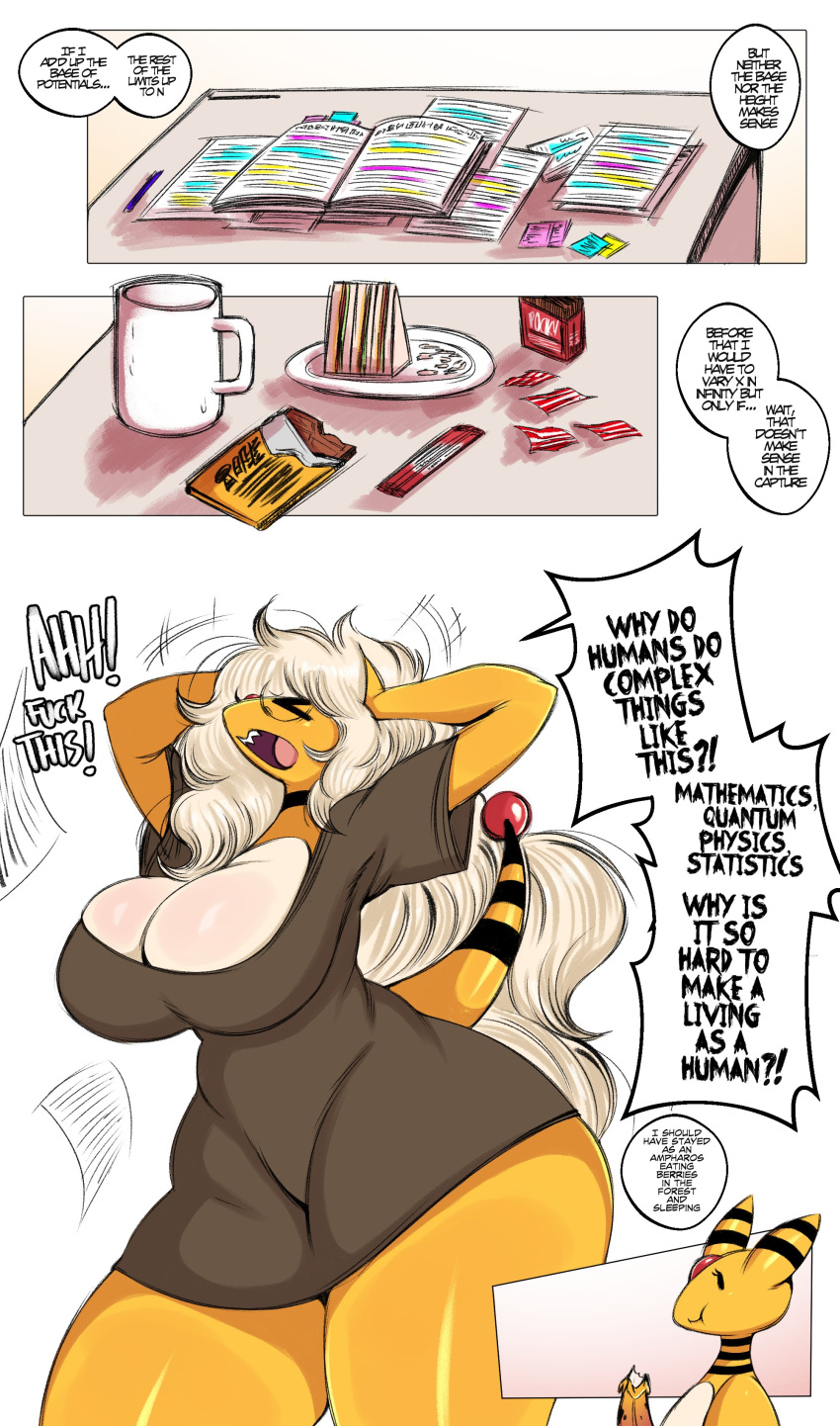 2024 absurd_res ampharos anthro book breasts candy chocolate clothing dessert dialogue english_text female food generation_2_pokemon hair hi_res mug nintendo open_mouth pokemon pokemon_(species) profanity saltyxodium sandwich_(food) tail text tongue yellow_body