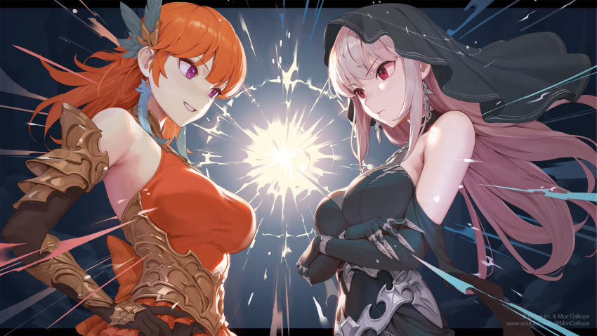 2girls absurdres armor bare_shoulders black_dress breasts corset dress earrings feather_earrings feather_hair_ornament feathers gum_shrew hair_ornament highres hololive hololive_english jewelry light_smile long_hair looking_at_another mori_calliope multiple_girls official_art orange_dress orange_hair pink_hair purple_eyes red_eyes sleeveless sleeveless_dress takanashi_kiara veil virtual_youtuber