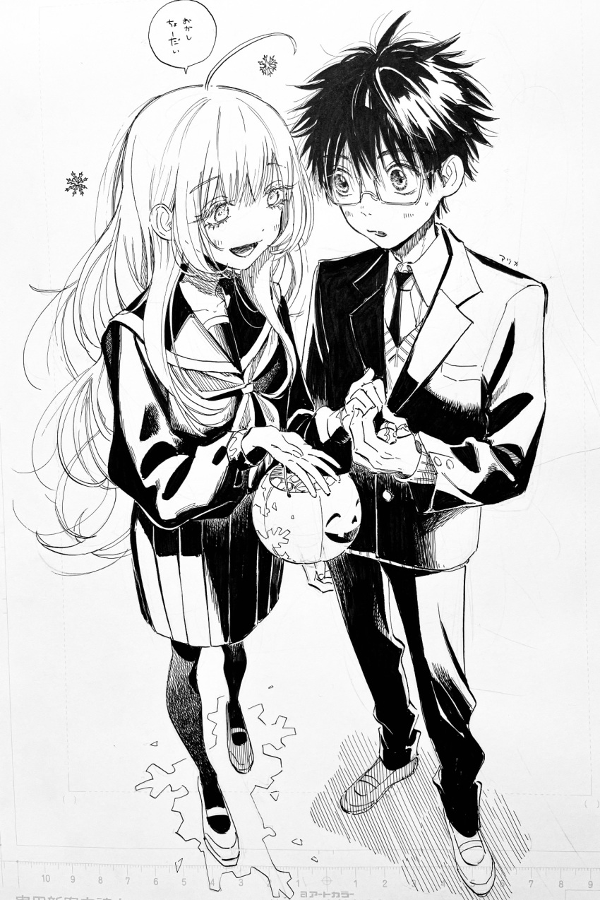 1boy 1girl ahoge candy food full_body glasses greyscale highres jack-o'-lantern jacket long_hair looking_at_another monochrome necktie nib_pen_(medium) original pantyhose photo_(medium) school_uniform serafuku shirt shoes skirt smile traditional_media uwabaki very_long_hair yamagata_atsuka