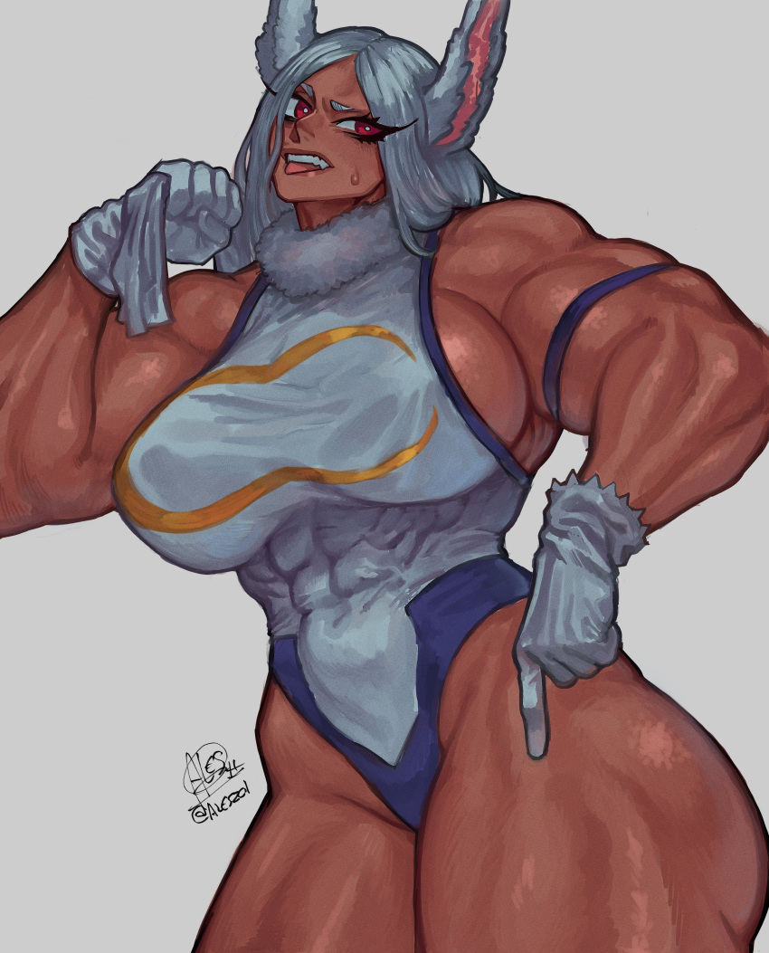 2024 abs absurd_res alesz01 animal_humanoid biceps big_breasts big_muscles breasts clothed clothing deltoids female gloves grey_hair hair handwear hi_res humanoid lagomorph lagomorph_humanoid leotard leporid_humanoid mammal mammal_humanoid muscular muscular_female my_hero_academia rabbit_humanoid red-eyes rumi_usagiyama side_boob solo tan_body tan_skin