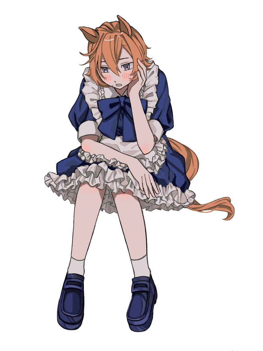 1girl absurdres alternate_costume animal_ears apron blue_footwear blush bow collared_dress dress enmaided frilled_apron frills hand_on_own_cheek hand_on_own_face highres horse_ears horse_girl maid maid_apron motibeeeee orange_hair orange_tail shoes short_hair solo t.m._opera_o_(umamusume) umamusume waist_apron white_apron white_background