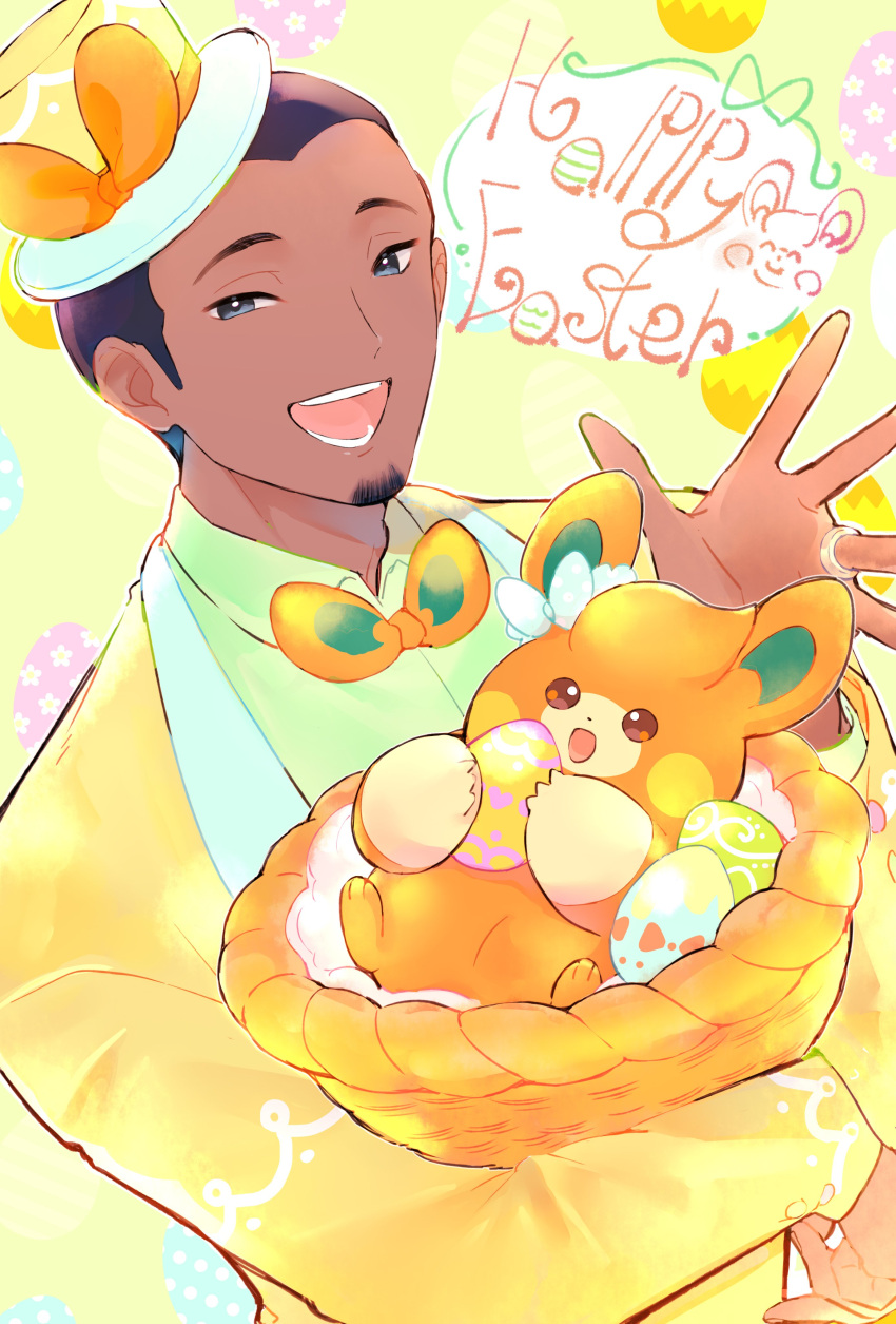 1boy :d absurdres alternate_costume basket black_hair bow bowtie bright_pupils collared_shirt commentary dark-skinned_male dark_skin easter egg facial_hair goatee green_shirt happy happy_easter hat highres jacket jewelry male_focus open_mouth orange_bow orange_bowtie pawmi pokemon pokemon_sv ring salvatore_(pokemon) shirt short_hair smile symbol-only_commentary teeth tongue tudurimike white_pupils yellow_background yellow_jacket